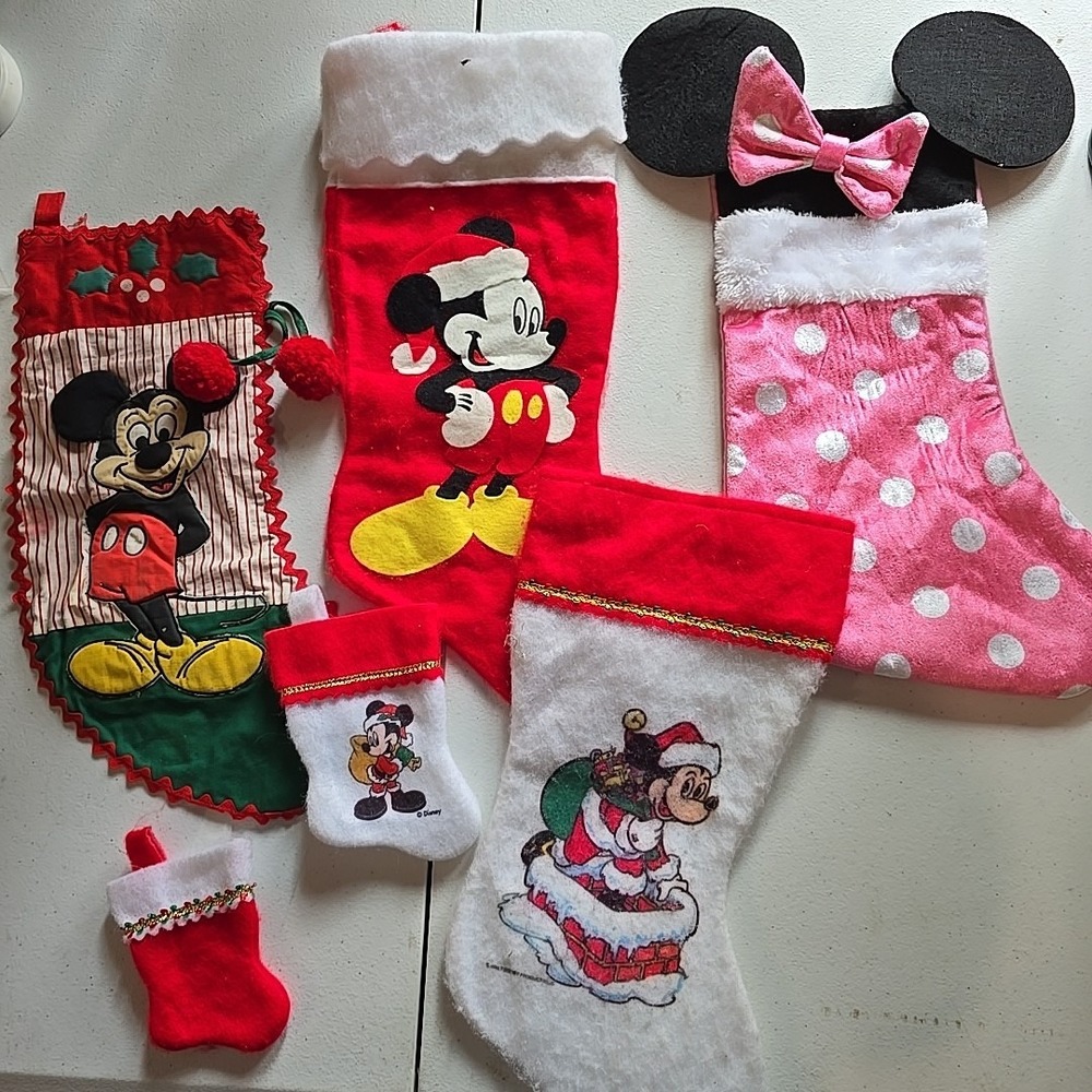 Vintage Walt‎ Disney Christmas Stocking Lot Felt Mickey Mouse Minnie Pink Red